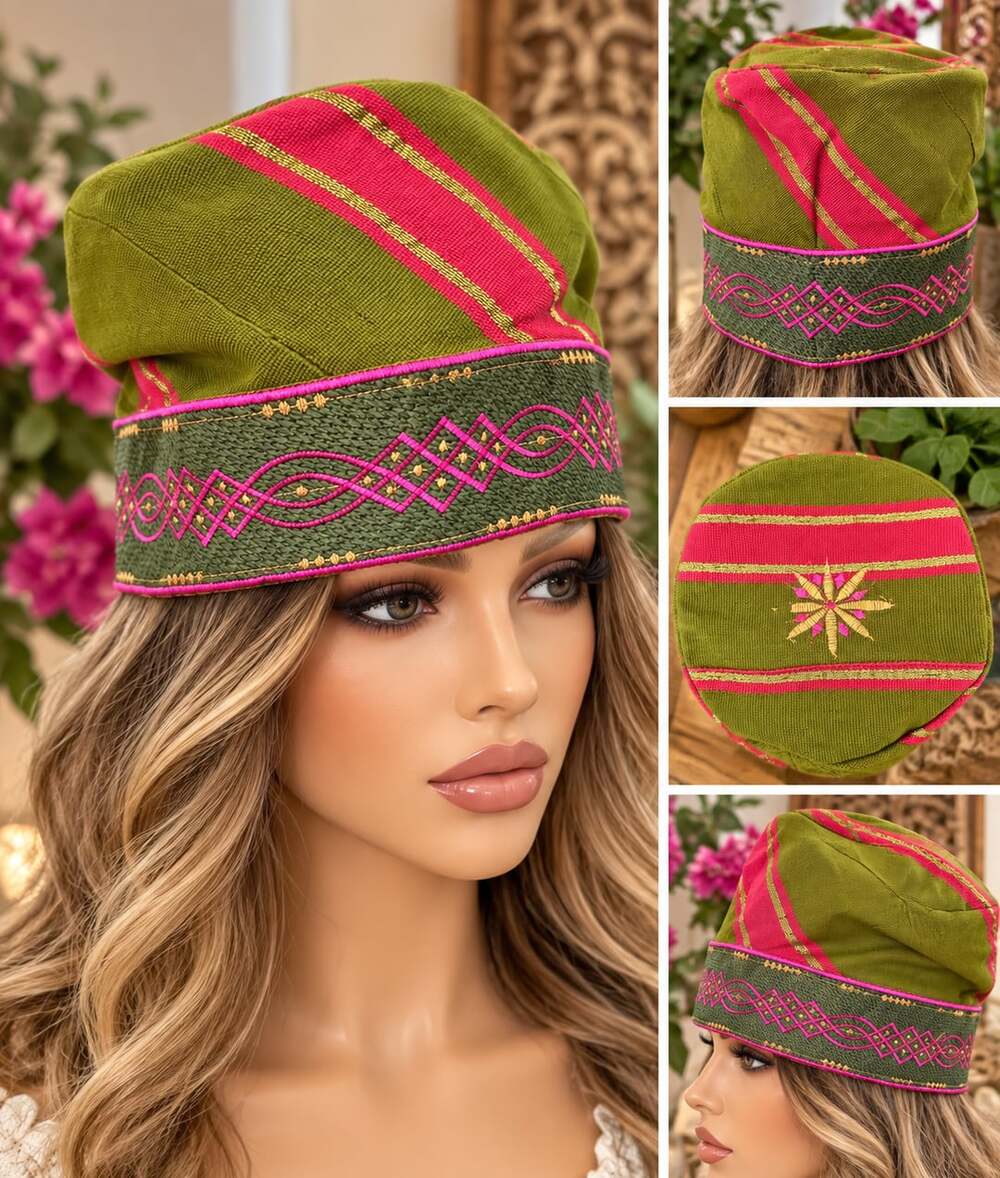 Ethnic Vintage Kohistan Silk Embroidered Skullcap Hat Green Pink Gold